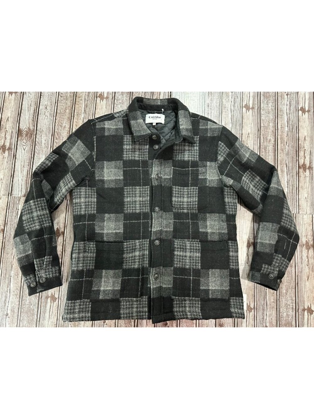 Corridor NYC quilted lined Wool plaid Jacket coat Size L color black grey